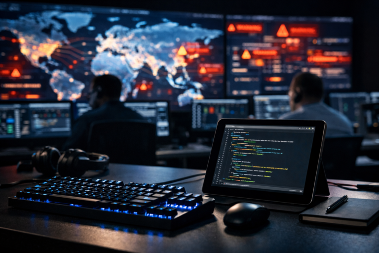 Ambiente de Centro de Operações de Segurança (SOC) monitorando Inteligência de Ameaças em tempo real com mapas globais e códigos de defesa