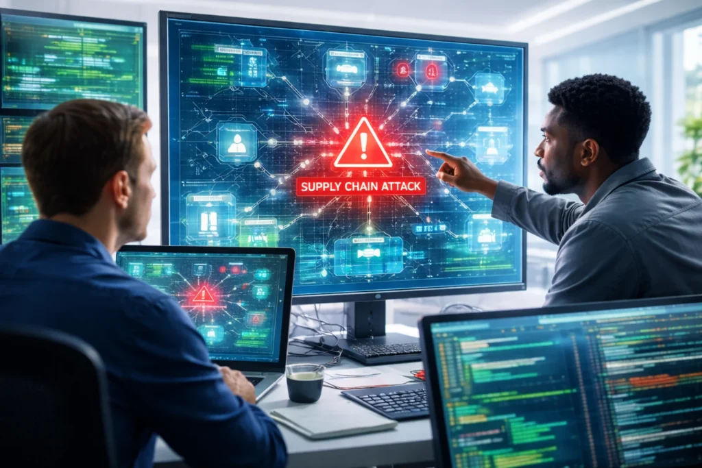 especialistas em cibersegurança analisando ataque digital em ambiente claro com monitores verdes e azul bebê