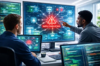 especialistas em cibersegurança analisando ataque digital em ambiente claro com monitores verdes e azul bebê