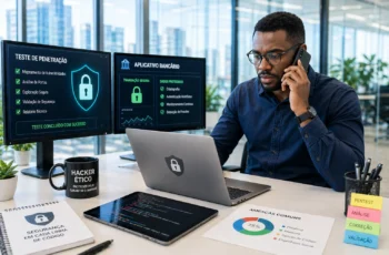 homem negro trabalhando com cibersegurança em escritório moderno iluminado com paredes de vidro enquanto fala ao telefone