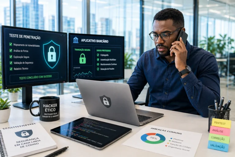 homem negro trabalhando com cibersegurança em escritório moderno iluminado com paredes de vidro enquanto fala ao telefone