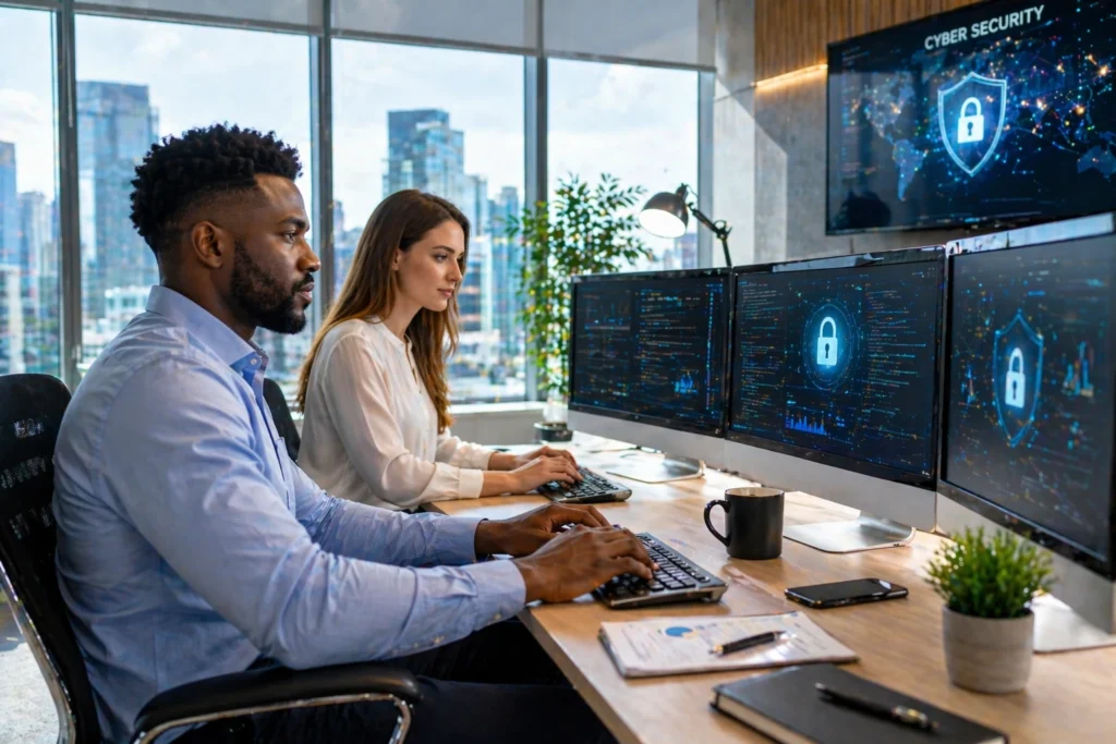 Seguro cibernético e segurança do negócio com equipe em escritório moderno monitorando sistemas digitais