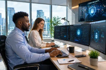 Seguro cibernético e segurança do negócio com equipe em escritório moderno monitorando sistemas digitais