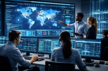 Centro de Monitoramento SOC com analistas de segurança monitorando ameaças em tempo real