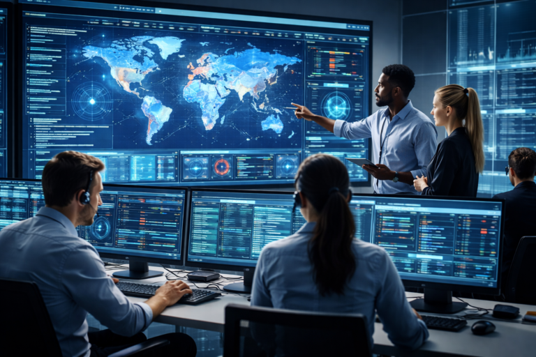 Centro de Monitoramento SOC com analistas de segurança monitorando ameaças em tempo real