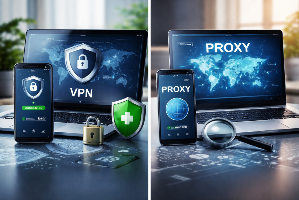 VPN vs Proxy comparação visual em dispositivos mostrando segurança e privacidade online
