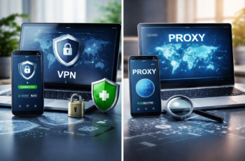 VPN vs Proxy comparação visual em dispositivos mostrando segurança e privacidade online