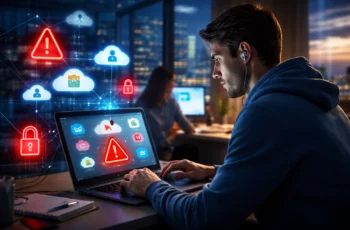 Funcionário usando Shadow IT em ambiente corporativo com riscos de segurança digital visíveis