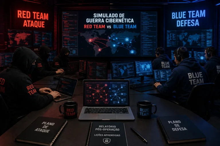 Simulado de Guerra Cibernética Red vs Blue Team em centro avançado de operações de segurança digital