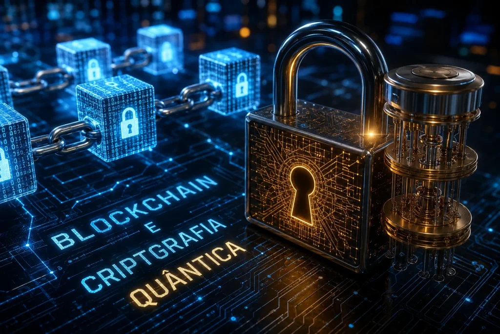 Blockchain e criptografia quântica com cadeado digital e rede blockchain futurista em ambiente tecnológico avançado