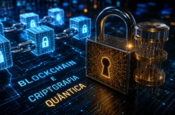 Blockchain e criptografia quântica com cadeado digital e rede blockchain futurista em ambiente tecnológico avançado