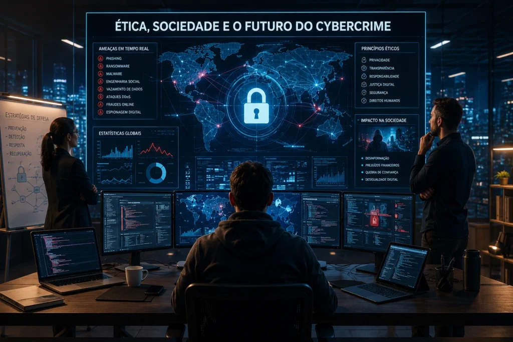 Centro avançado de monitoramento digital analisando ameaças cibernéticas e segurança tecnológica global