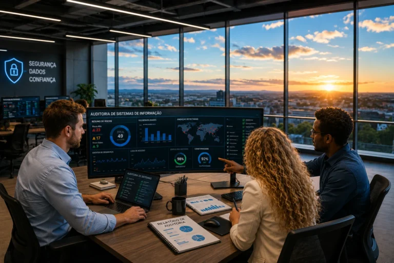Equipe realizando auditoria de sistemas de informação em escritório moderno com painéis de segurança digital
