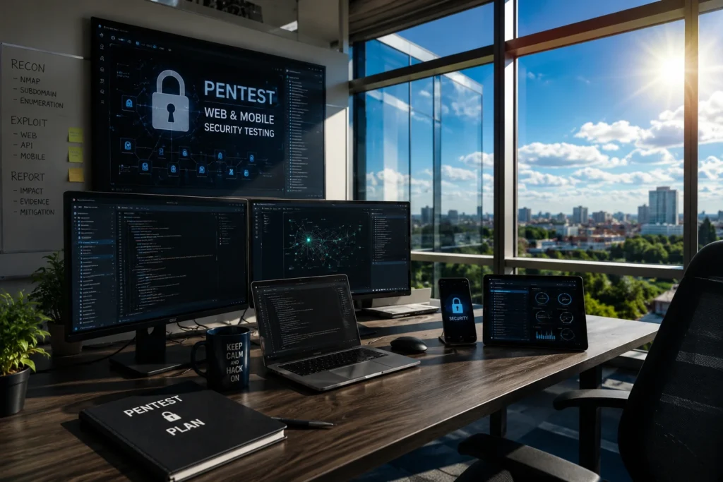 Ambiente moderno de pentest em ambiente Web e dispositivo Mobile com telas de cibersegurança e janelas de vidro com céu azul