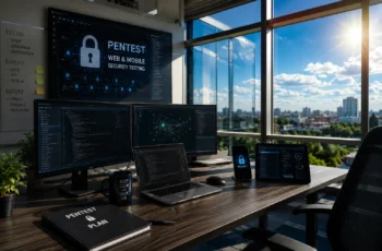 Ambiente moderno de pentest em ambiente Web e dispositivo Mobile com telas de cibersegurança e janelas de vidro com céu azul