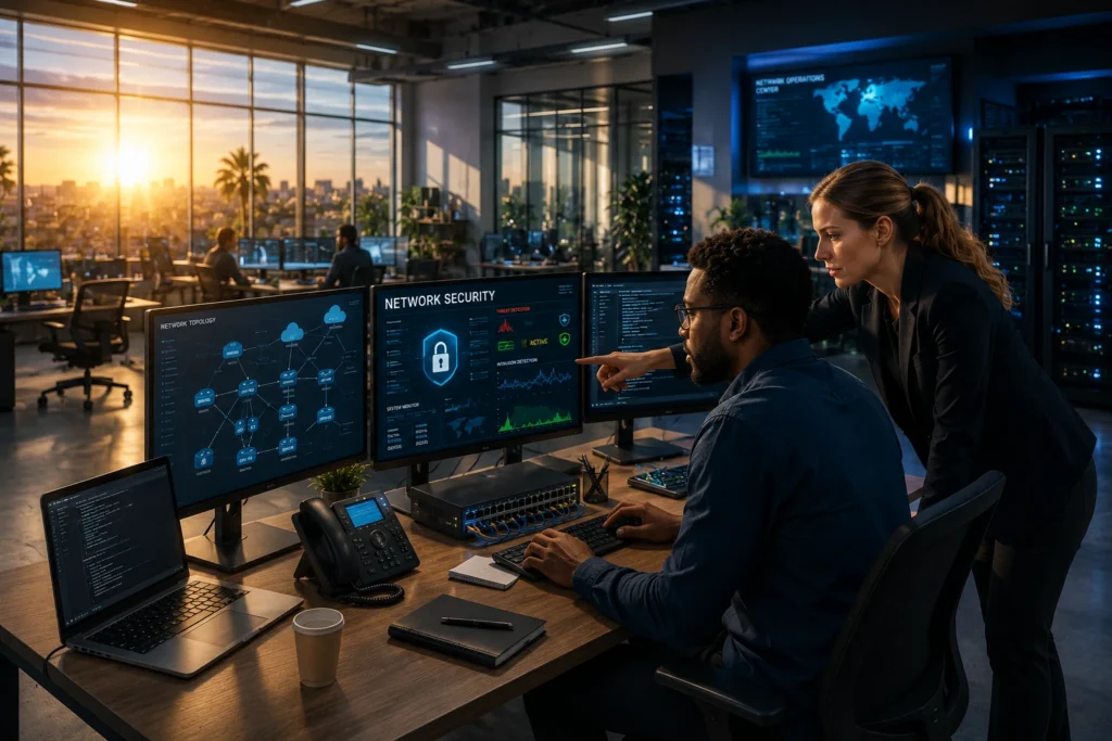 Especialistas em segurança de redes monitorando infraestrutura de comutação em data center moderno com luz solar