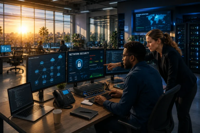 Especialistas em segurança de redes monitorando infraestrutura de comutação em data center moderno com luz solar