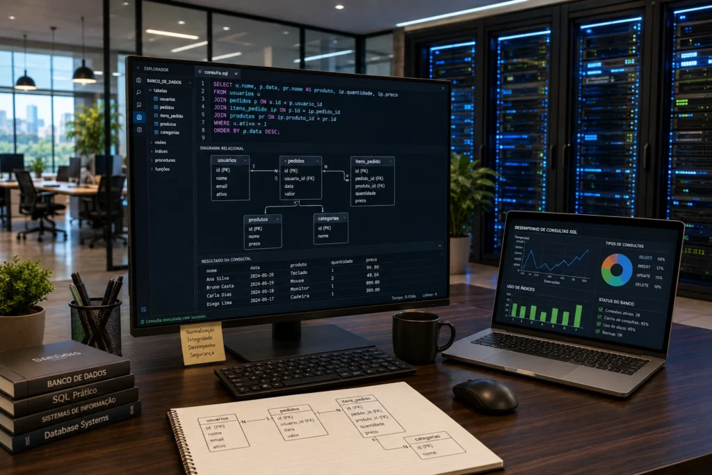 Ambiente moderno de tecnologia com monitores exibindo Sistemas Gerenciadores de Banco de Dados SQL e servidores de data center