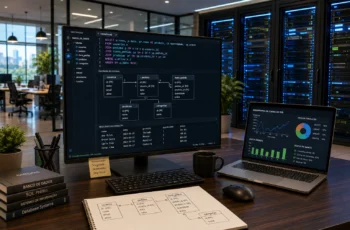 Ambiente moderno de tecnologia com monitores exibindo Sistemas Gerenciadores de Banco de Dados SQL e servidores de data center