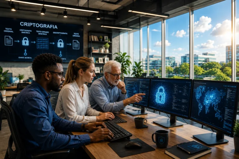 Equipe diversa trabalhando com criptografia simétrica em laboratório moderno de cybersegurança com grandes janelas e ambiente tecnológico