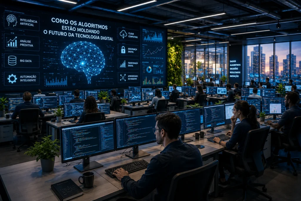 Centro tecnológico futurista com várias pessoas trabalhando em computadores e inteligência artificial em ambiente corporativo digital