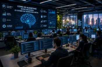 Centro tecnológico futurista com várias pessoas trabalhando em computadores e inteligência artificial em ambiente corporativo digital