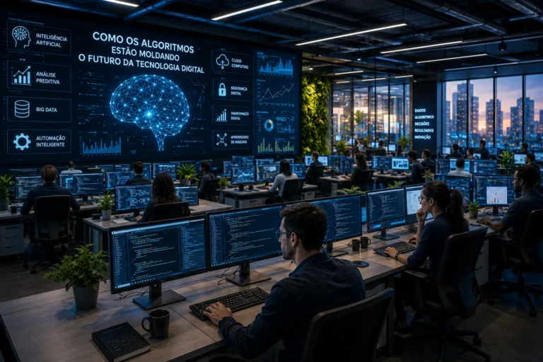 Centro tecnológico futurista com várias pessoas trabalhando em computadores e inteligência artificial em ambiente corporativo digital