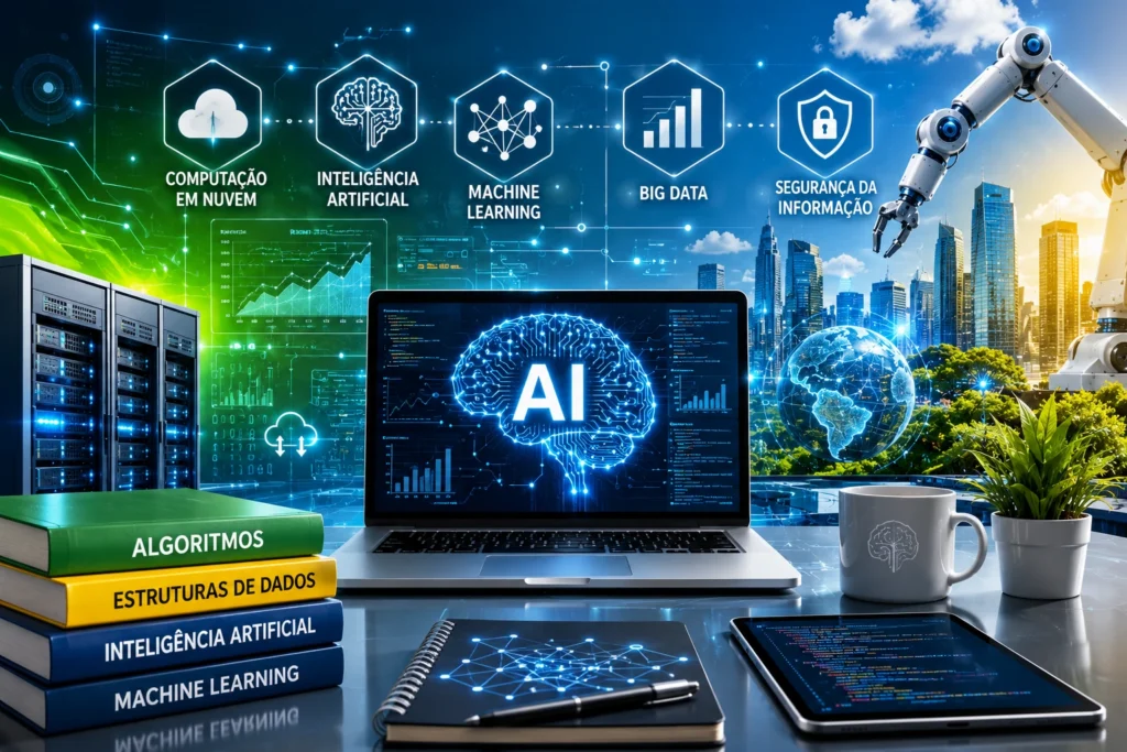 Ambiente futurista de ciência da computação com inteligência artificial, machine learning, big data e computação em nuvem
