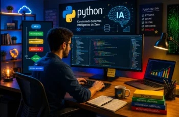 Programador desenvolvendo sistemas inteligentes com Python em ambiente tecnológico moderno e futurista