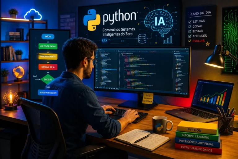 Programador desenvolvendo sistemas inteligentes com Python em ambiente tecnológico moderno e futurista