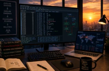 Análise de malware com engenharia reversa em ambiente tecnológico com monitores e pôr do sol ao fundo