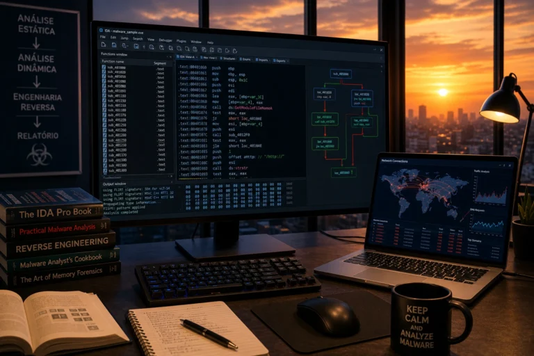 Análise de malware com engenharia reversa em ambiente tecnológico com monitores e pôr do sol ao fundo