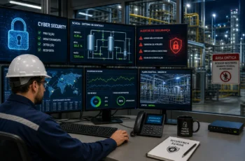 Ambiente industrial com sistema SCADA monitorando processos críticos em tempo real