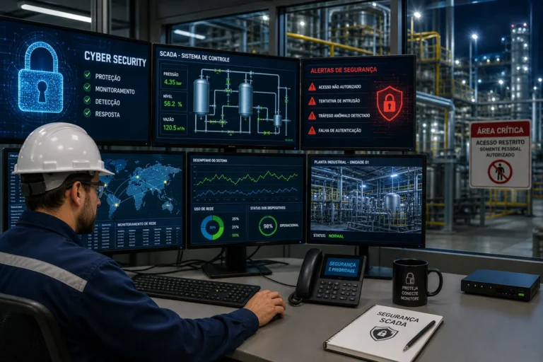 Ambiente industrial com sistema SCADA monitorando processos críticos em tempo real
