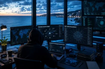 Investigador digital monitorando Deep Web e Darknet em escritório tecnológico com vista para o mar