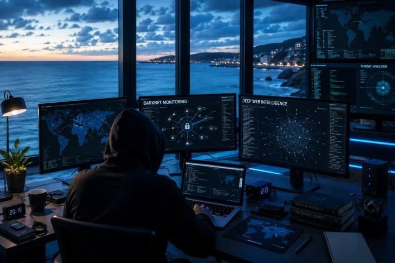 Investigador digital monitorando Deep Web e Darknet em escritório tecnológico com vista para o mar