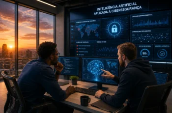 Dois especialistas em cibersegurança utilizando inteligência artificial em sala moderna com janelas de vidro e pôr do sol