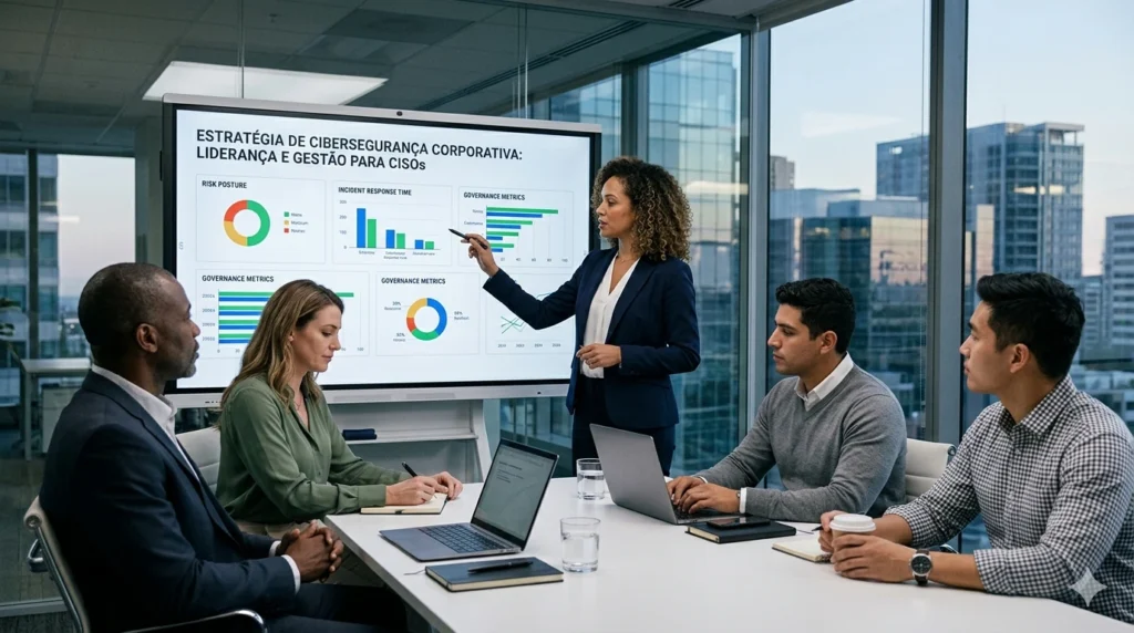 CISO feminina liderando reunião estratégica com painel digital de cibersegurança em sala de conferência moderna.