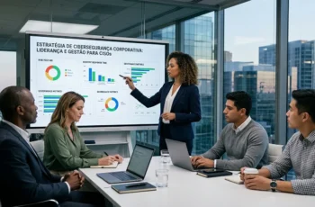 CISO feminina liderando reunião estratégica com painel digital de cibersegurança em sala de conferência moderna.