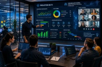 Equipe de tecnologia colaborando digitalmente em projeto de TI com dashboards, videoconferência e comunicação corporativa.