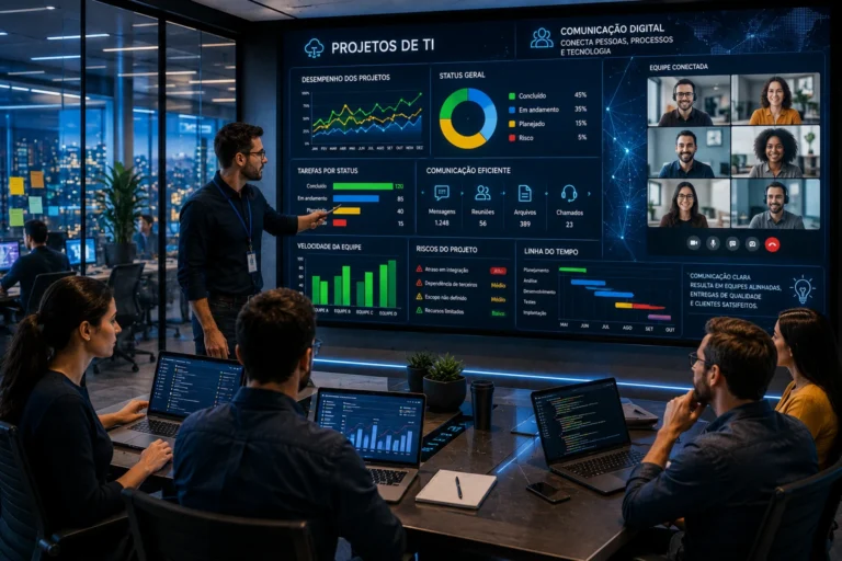 Equipe de tecnologia colaborando digitalmente em projeto de TI com dashboards, videoconferência e comunicação corporativa.