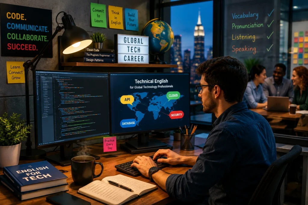 Profissionais de tecnologia colaborando globalmente utilizando inglês técnico em ambiente corporativo internacional
