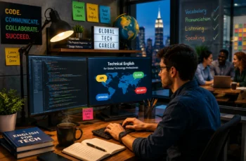 Profissionais de tecnologia colaborando globalmente utilizando inglês técnico em ambiente corporativo internacional