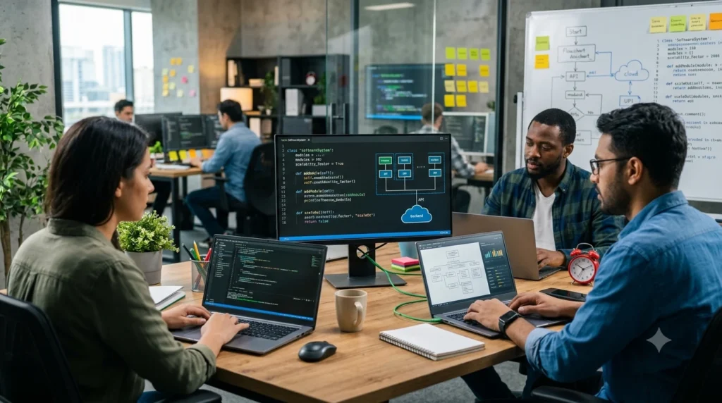 Fotografia realista de desenvolvedores trabalhando em notebooks com diagramas de arquitetura de software e códigos de Programação Orientada a Objetos em um escritório moderno.