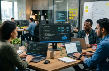 Fotografia realista de desenvolvedores trabalhando em notebooks com diagramas de arquitetura de software e códigos de Programação Orientada a Objetos em um escritório moderno.