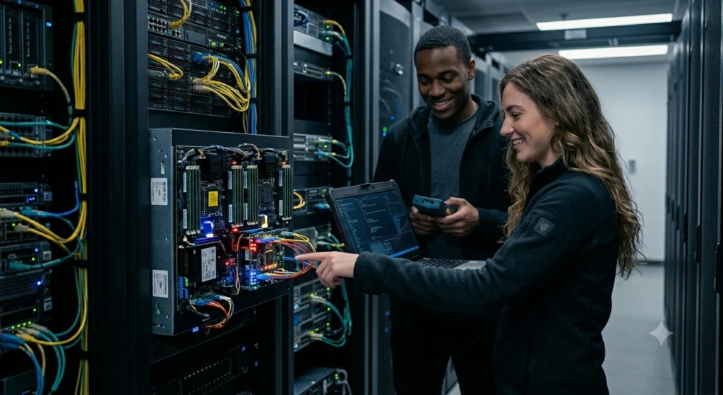 Engenheiros de software analisando estruturas de dados inteligentes para sistemas de alta performance em uma sala de servidores escura com luzes LED.