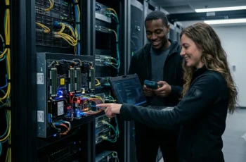 Engenheiros de software analisando estruturas de dados inteligentes para sistemas de alta performance em uma sala de servidores escura com luzes LED.