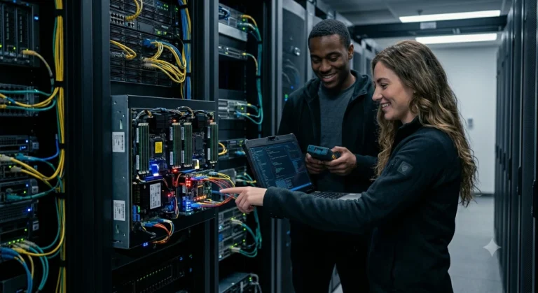 Engenheiros de software analisando estruturas de dados inteligentes para sistemas de alta performance em uma sala de servidores escura com luzes LED.