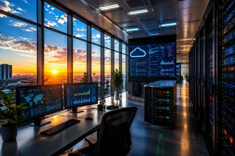 Infraestrutura moderna de banco de dados com servidores, painéis analíticos e ambiente corporativo tecnológico ao pôr do sol