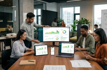 Desenvolvimento web responsivo para plataformas corporativas em ambiente empresarial moderno com múltiplos dispositivos conectados